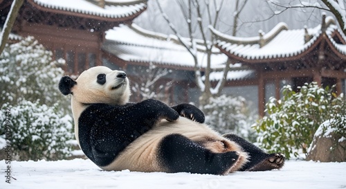 A playful panda is enjoying the delightful snowy weather, rolling on its back in a cheerful mood as snow falls gently around the traditional Chinese architecture, creating a serene winter scene