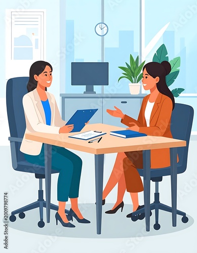 Two businesswomen discussing in office meeting.