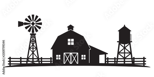 Farmhouse Silhouette Barn Windmill Water Tower Rural Landscape Vector