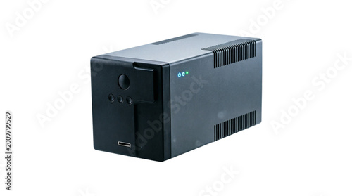 Black Uninterruptible Power Supply Unit (UPS) with Indicator Lights on transparent background 