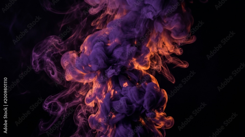 Fototapeta premium Vertical column of dense purple and orange smoke swirling in dark space for mysterious concept