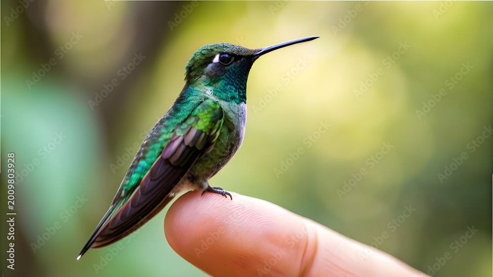 Fototapeta premium Tiny Hummingbird Perched Gracefully on Finger with Blurred Garden Background, Delicate Wildlife Moment, Nature Connection, and Symbol of Trust and Fragile Beauty
