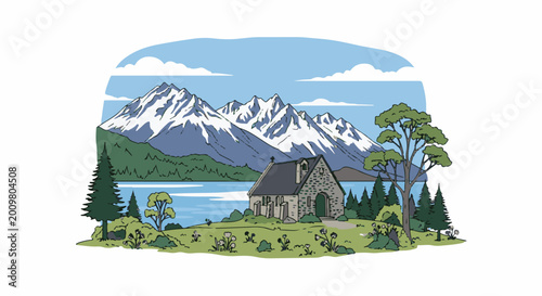 Stone chapel by serene lake, snow-capped mountains and green trees in background
