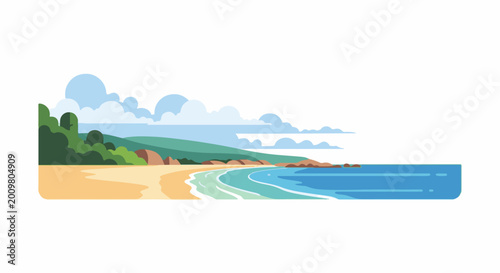 Stylized beach scene with rolling hills, sandy shore, and calm blue ocean