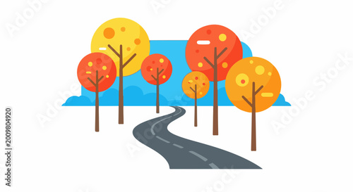 Stylized autumn trees line a winding grey road under a blue sky