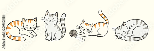 Fotografija Cute cartoon cats in various sleeping positions on cream background