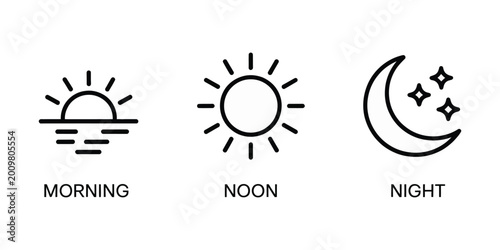 Photos Time of day linear icon collection featuring morning sunrise, afternoon sun and starry night moon symbols for daily schedules, lifestyle planning apps and weather interface design