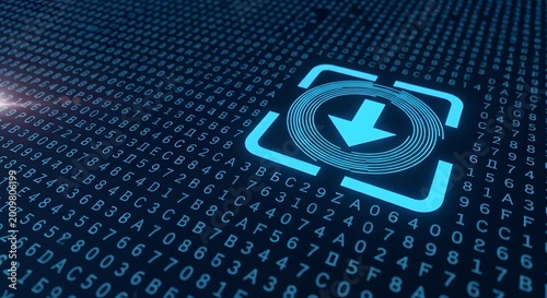 Digital download symbol with glowing cyber code binary data background, download