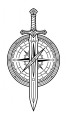 Elegant vintage emblem combining sword and compass symbolizing direction, strength, and adventure. Detailed line art style suitable for logos, branding, tattoo design, and historical themes. High-qual