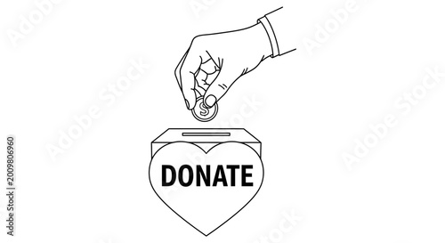 Hand dropping coin into donation box shaped like a heart with the word 'donate'