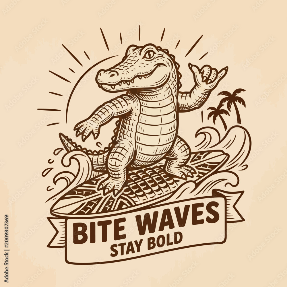 Naklejka premium Smiling Crocodile Riding Surfboard Waves.