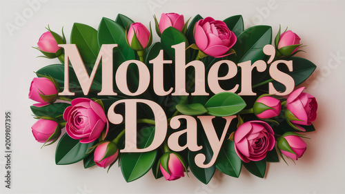 Decorative mother's day sign written in elegant serif typography surrounded by lush green leaves and vibrant pink rose flower buds on a light background