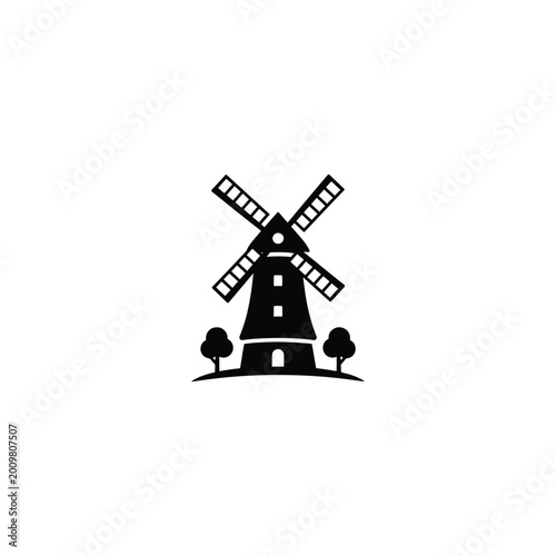 A serene landscape featuring a traditional windmill amidst trees.