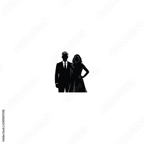 A silhouette illustration of a man in a suit standing next to a woman in a dress.