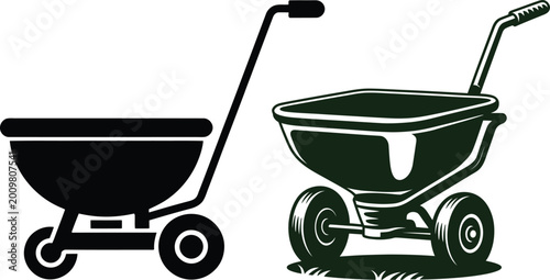 Foto Set of broadcast spreaders for lawn care and gardening isolated on white backgro