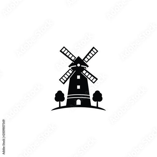 A serene landscape illustration of a windmill standing amidst trees.