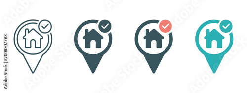 Konstfotografi Correct house location vector icons set, accurate address and verified home marker signs, location confirmation and mapping navigation concept in flat design style