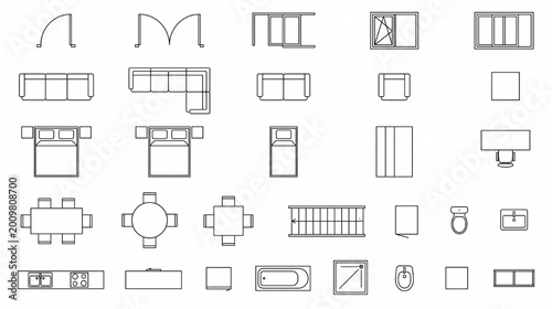 Minimal 2D CAD Floor Plan Elements Set Top View Clean Black Line Architectural Symbols Vector