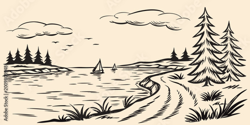 Foto Line art landscape with sailboats on a lake trees clouds and grassy shoreline hi