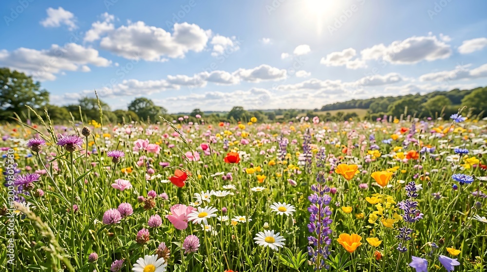 Obraz premium Vibrant meadow filled with various colorful wildflowers blooming under a bright sunny sky during a beautiful summer spring day