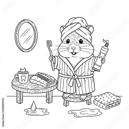 Hamster in bathrobe and towel brushing teeth with toothpaste.