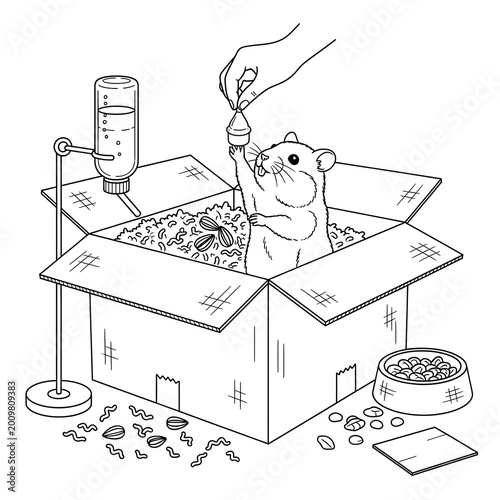 Hamster in box receiving seeds from human hand.