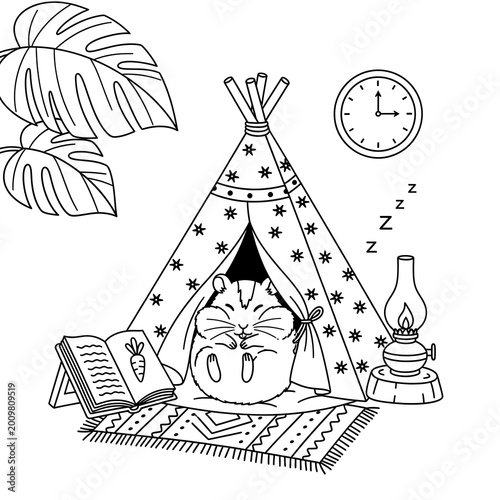 Cute sleeping hamster in teepee tent with book and lantern line art.