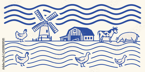 Photos farm scene with windmill and barn illustration in a retro blue line art style