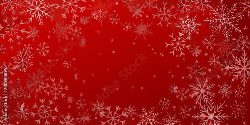 Fotografi Delicate white snowflakes against a vibrant red background winter holiday patter