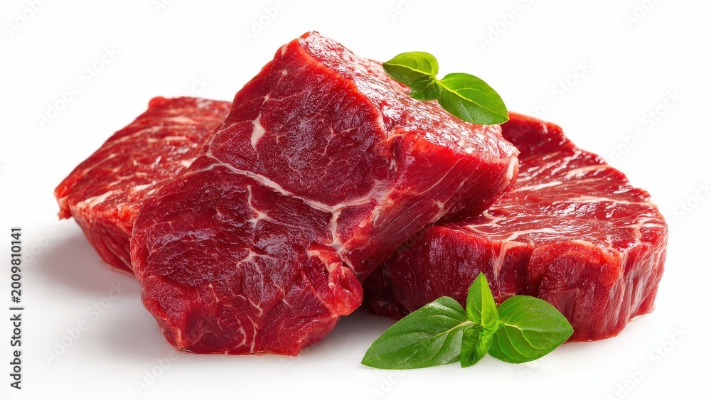 Obraz premium Fresh Red Meat Cuts with Green Basil Leaves on White Background