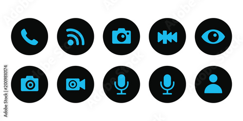 Bild auf Leinwand Website interface button icon set featuring phone call, photo camera, user pictogram, microphone mute and video call symbols vector illustration for apps and UI design