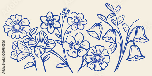 Bild auf Leinwand Stylized floral arrangement with daisies bellflowers and leaves in a blue line d