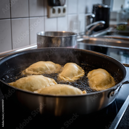 Gefüllte Teigtaschen im heißen Öl oder Wasser Pelmeni/Maultaschen, Küche, Kochen, osteuropäisch & mediterran inspiriert, hausgemacht, knusprig, Foodfotografie, Copyspace