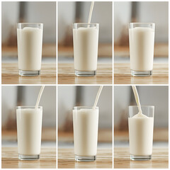 1 glass milk for product advertising promotion  photos from various angles  with different backgrounds  does not mention any brand  plain without writing.
