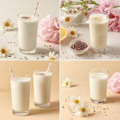 1 glass milk for product advertising promotion  photos from various angles  with different backgrounds  does not mention any brand  plain without writing.