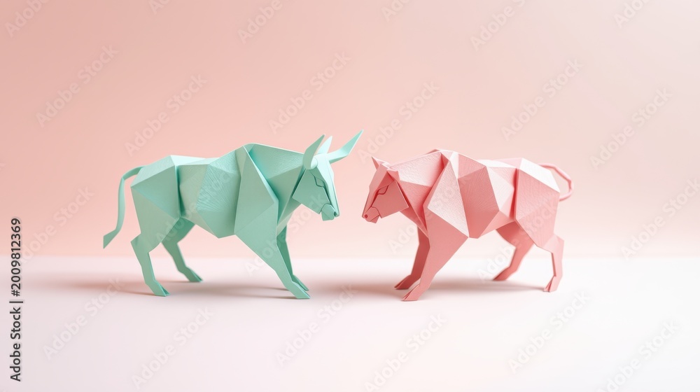 Obraz premium Origami bulls, teal and pink, face each other. Minimalist style, soft background creates calm composition. Simple geometry, paper art.
