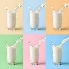 1 glass milk for product advertising promotion  photos from various angles  with different backgrounds  does not mention any brand  plain without writing.