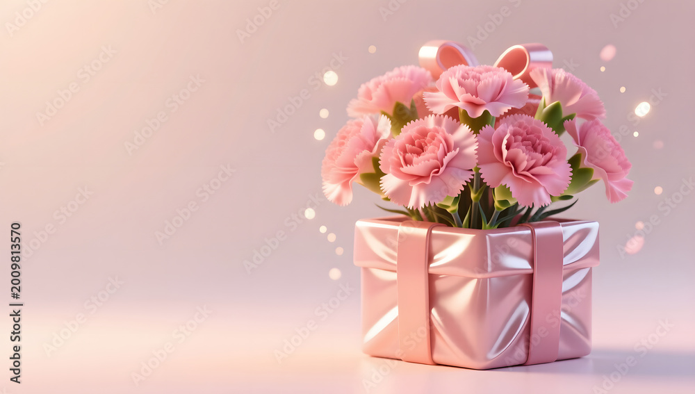 Fototapeta premium Mother's Day Gratitude Gift and Carnations 3D Scene