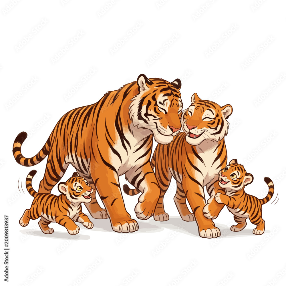 Obraz premium A majestic big cat Bengal tiger with iconic stripes stands out as a powerful wild predator in this detailed vector illustration set against a clean white background