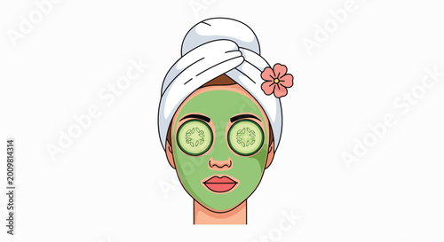 Cartoon illustration of a woman's face with green facial mask, cucumber slices on eyes, and a white towel wrapped around her head against a clean white background.