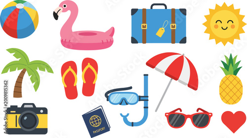 Colorful summer vacation icons including beach and travel items