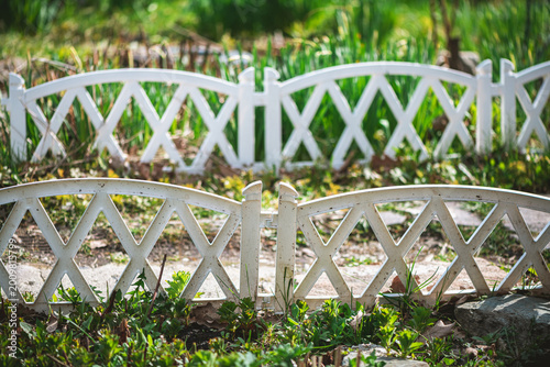 Cuadro en lienzo White decorative fence sections dividing a thriving green garden bed from a gras