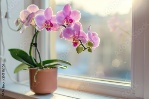 Orchid flower in pot on windowsill, beautiful tropical phalaenopsis, orchid on blurred background
