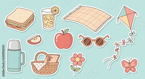 Vector Illustration Set of Cute Picnic Stickers Including Food Basket Kite and Outdoor Leisure Items
