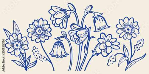 Foto Stylized floral arrangement with daisies bellflowers and other blooms in blue li