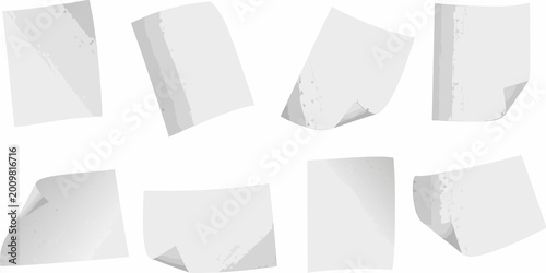 Foto collection of twelve white paper sheets in motion curling and fluttering against