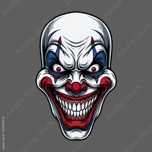 Scary Evil Clown Face Vector Illustration, Creepy Joker Mascot with Sharp Teeth for Halloween and Esports