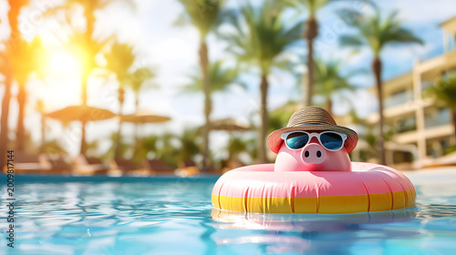 A piggy bank with sunglasses and a hat floating in an inflatable ring in a pool on a sunny day – finance and leisure, a summer vacation concept