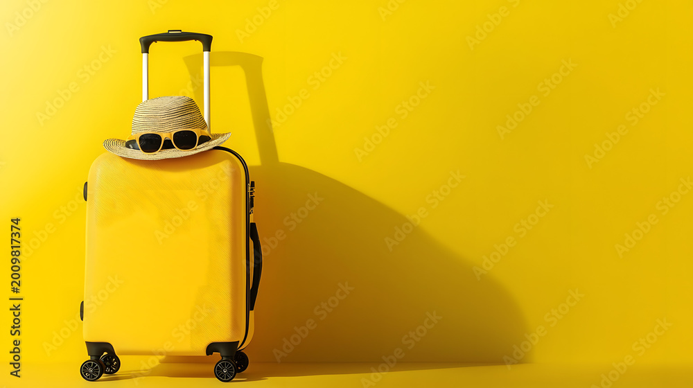 A yellow travel suitcase with a hat and glasses against a yellow studio background