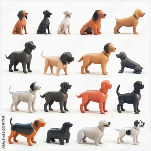 Cute funny cartoon dogs, 3d realistic puppy pet pictogram, dogs set on white background